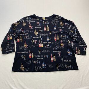 Jess & Jane Wine Shirt Top Black Graphic Print Cotton 3/4 Sleeve Womens 3X